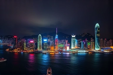 Victoria Harbour night view, Hong Kong skyline, city lights
